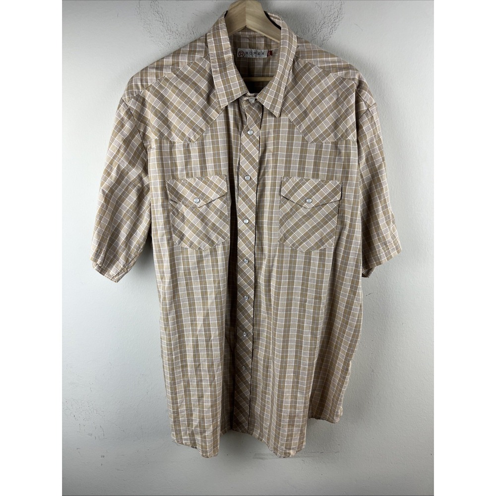 Roper Men's 2XL Tan Plaid Pearl Snap Western Shirt‎ Short Sleeve Cowboy